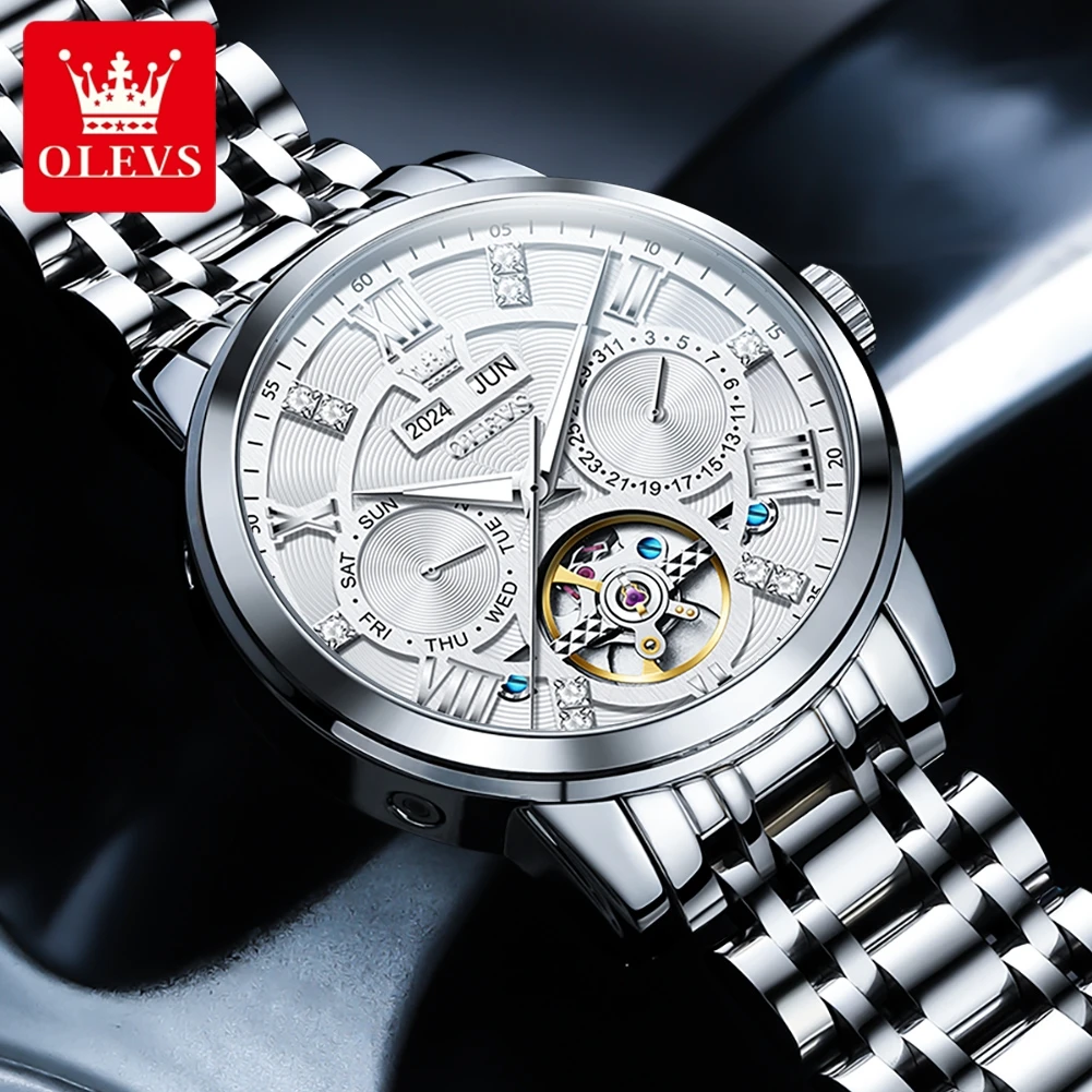 OLEVS 6701 고급 오리지널 남성용 시계 플라이휠 오토매틱 기계식 시계 방수 캘린더 주간 시계 남성용 무료 선물
