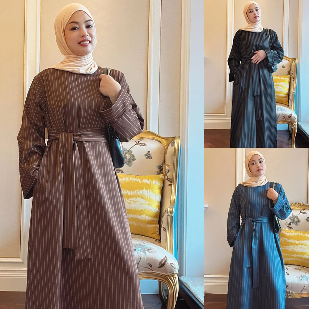 

Ramadan Muslim Women Stripes for Abayas Longue Maxi Dresses Turkey Arab Robe Belted Kaftan Dubai Jalabiya Femme Caftan Vestidos