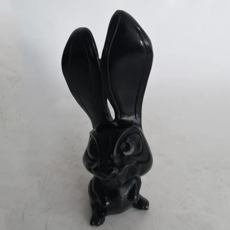 Sitting Black Obsidian Quartz Crystal Rabbit Sculpture Art Long Eared Volcanic Glass Easter Bunny Statue Realistic Animal Figure