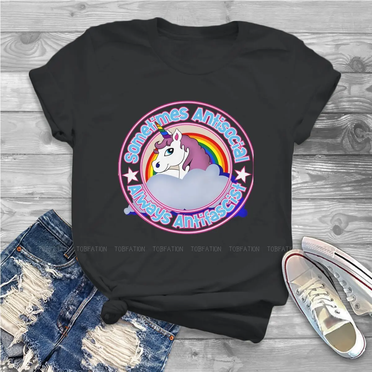 Sometimes Antisocial Always Antifascist Newest TShirts Cute Unicorn Cartoon Woman Harajuku Pure Cotton Tops T Shirt O Neck