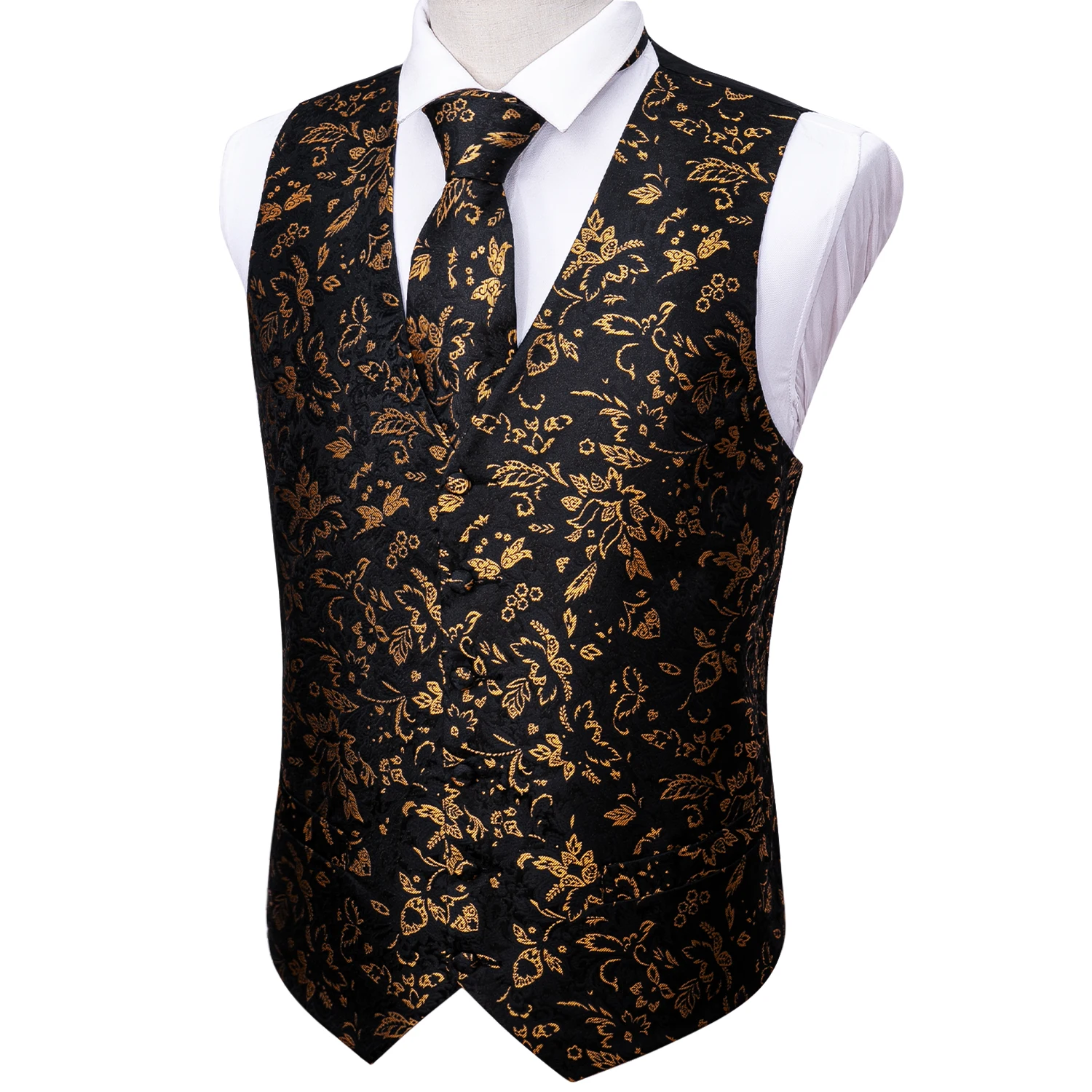 Oro nero seta uomo gilet cravatta tasca gemelli quadrati Set gilet Jacquard giacca senza maniche uomo matrimonio Business Barry.Wang