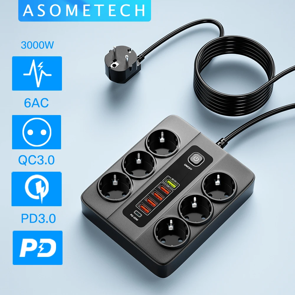 3000W EU Plug Power Strip With USB Type C Extension Socket PD 20W Fast Charging Station for iPhone Home Office  Extension Socket