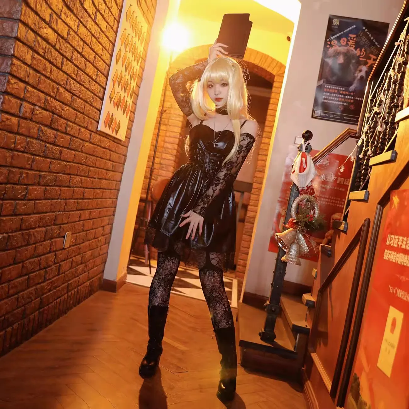 Women's Japanese Anime Cosplay Misa Amane Dress with Lace Trim Gothic Style Costume Imitation Leather Sexy Dress Halloween