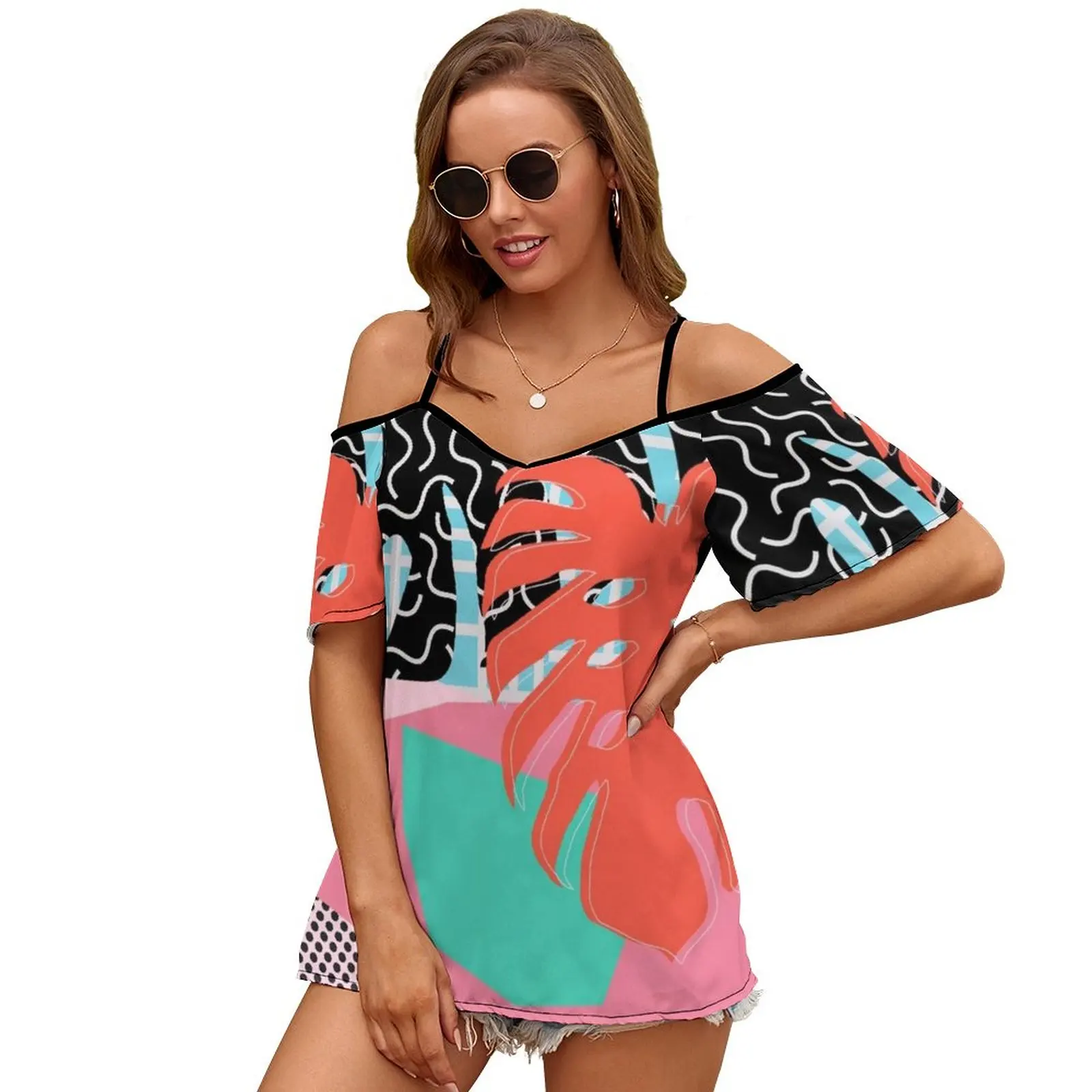 Memphis Palm//abstrakcyjny wzór Memphis Tropical damska koszulka nowa nadrukowana moda Zipper V-Neck t-shirty z krótkim rękawem