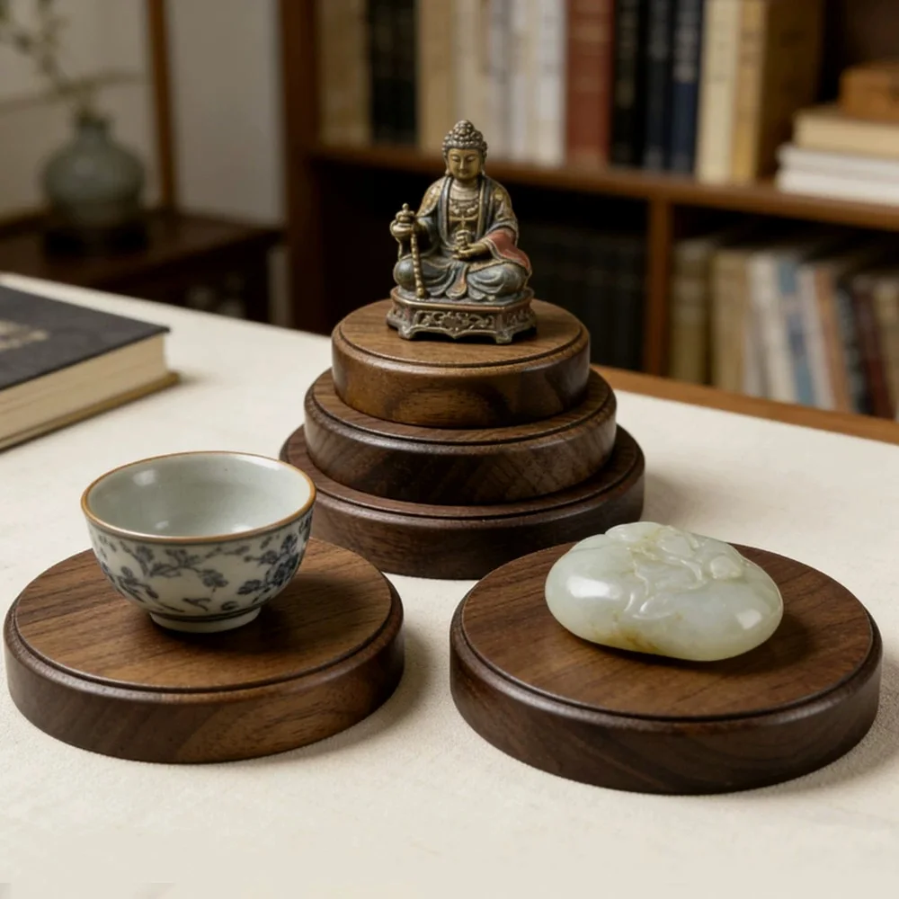 Round Solid Wood Display Stand Black Walnut Base for Miniatures Crystals Candles Figurines and Shelf Decor