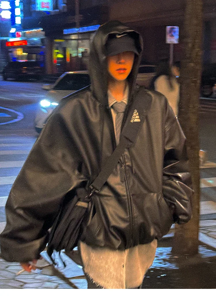 Frühling Herbst Kurze Übergroße Schwarze Weiche PU-Lederjacke für Männer mit Kapuze Reißverschluss Locker Lässig Koreanische Modekleidung – Detail 23