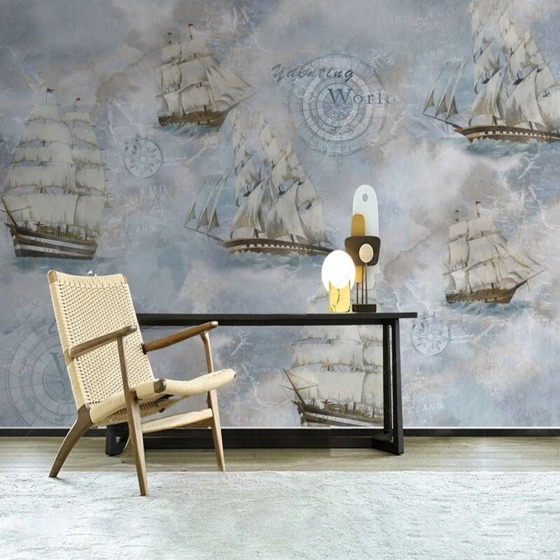 Wall Mural Wallpaper Nordic Retro Sailing Ship Design Background Print hallway wall Bedroom Office Decor Wall Papers pattern