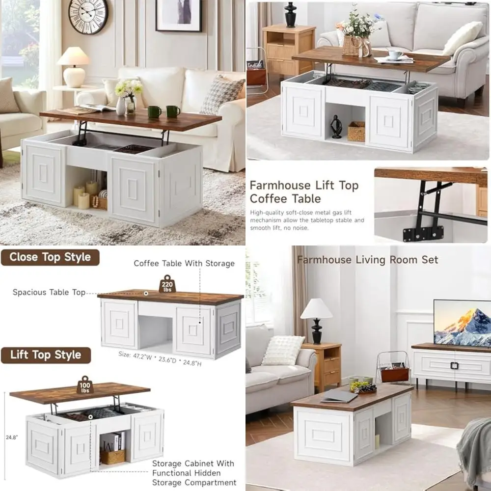 

Журнальный столик с подъемным верхом в деревенском стиле и местом для хранения вещей, 48-центрированный стол со скрытым отделением и шкафами, белый журнальный столик со штатами