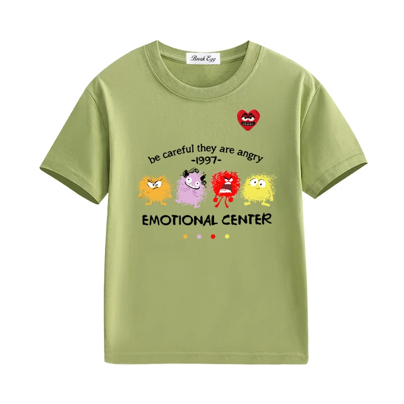 Cartoon Bacteria Printing Boy Girl T-shirt Cotton Cartoon Snag Heart Embroidery O-neck Short-sleeved Kid Straight Summer T-shirt