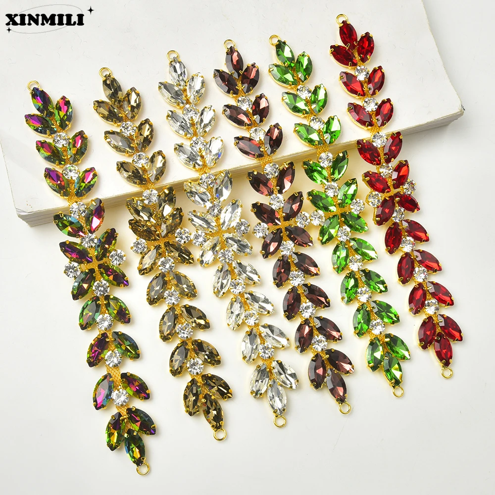 Apliques de hojas de cristal AB, lila, rosa, rojo, Base dorada/plateada, costura en el ojo de caballo, adorno de cadena de diamantes de imitación para disfraces, zapatos de Bikini