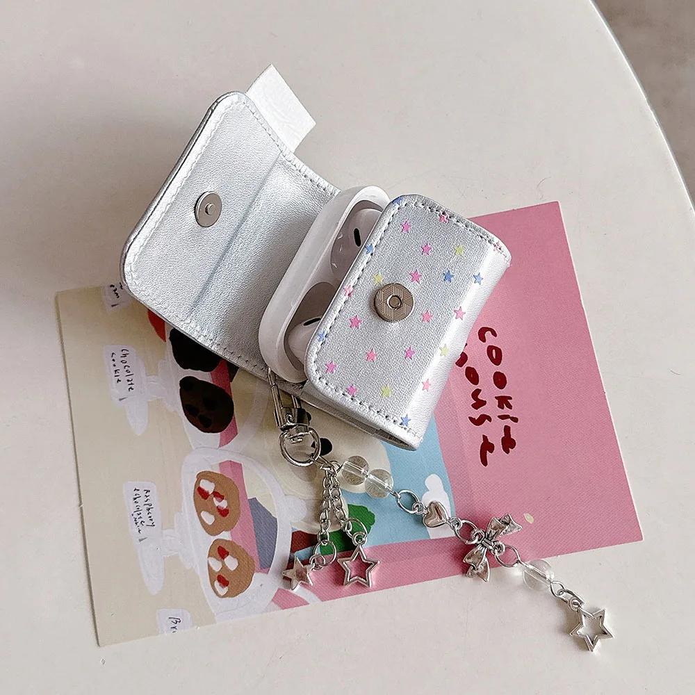 에어팟 프로 2 케이스 은빛 가죽 다채로운 3D 별 이어폰 커버, 애플 에어팟 1 3 프로 2 헤드셋 쉘 펜던트 포함