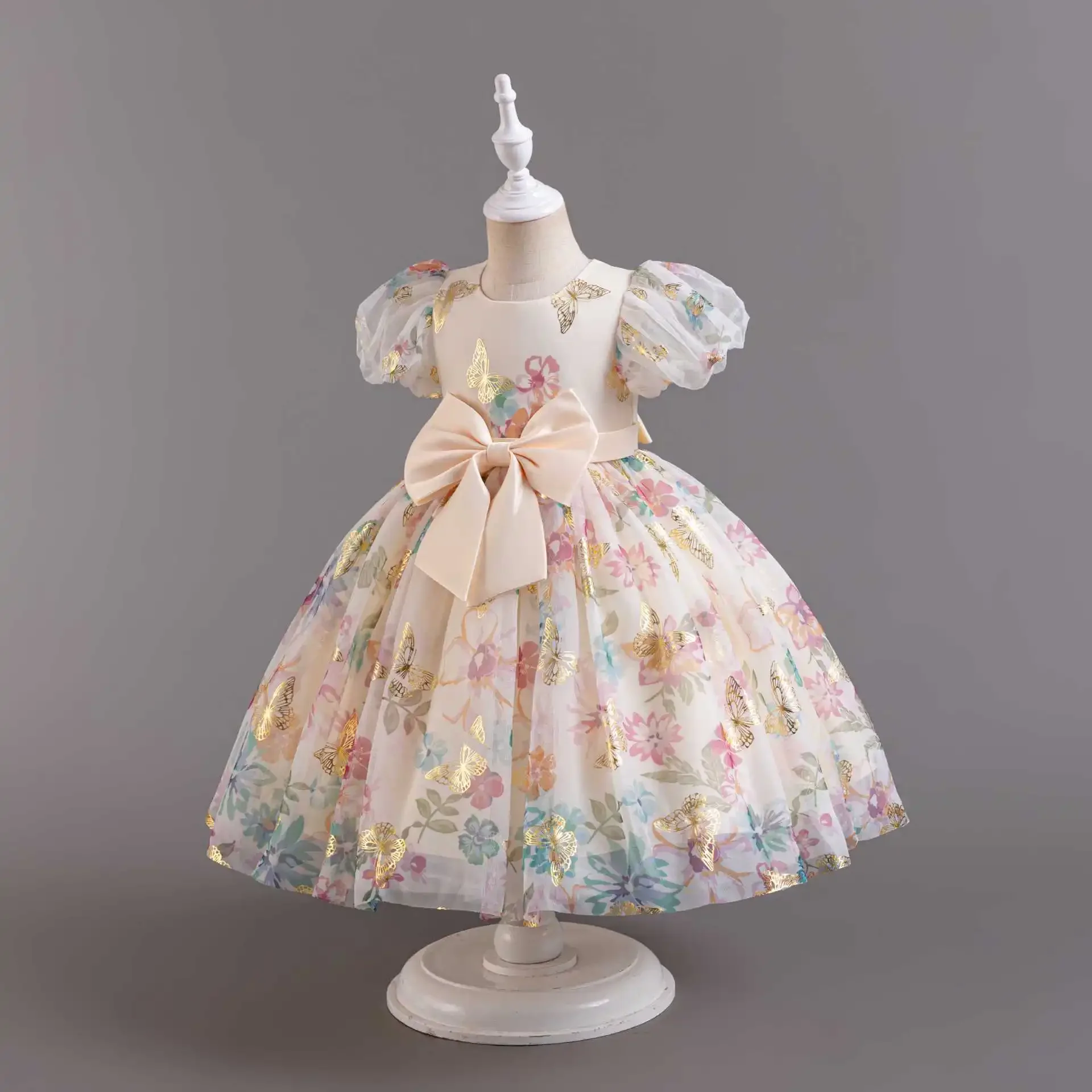 Golden Butterfly Girls' Dresses Chiffon Floral Baby Girl one-piece Dress Birthday Vetro Party Gown for Kids 1-6 Years