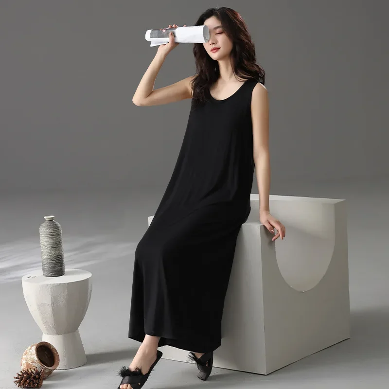 

Soft Modal Long Nightgown Sexy Suspender Sleeveless O-neck Nightdress Summer New Sleepwear Women's Intimate Lingerie LHome Dress