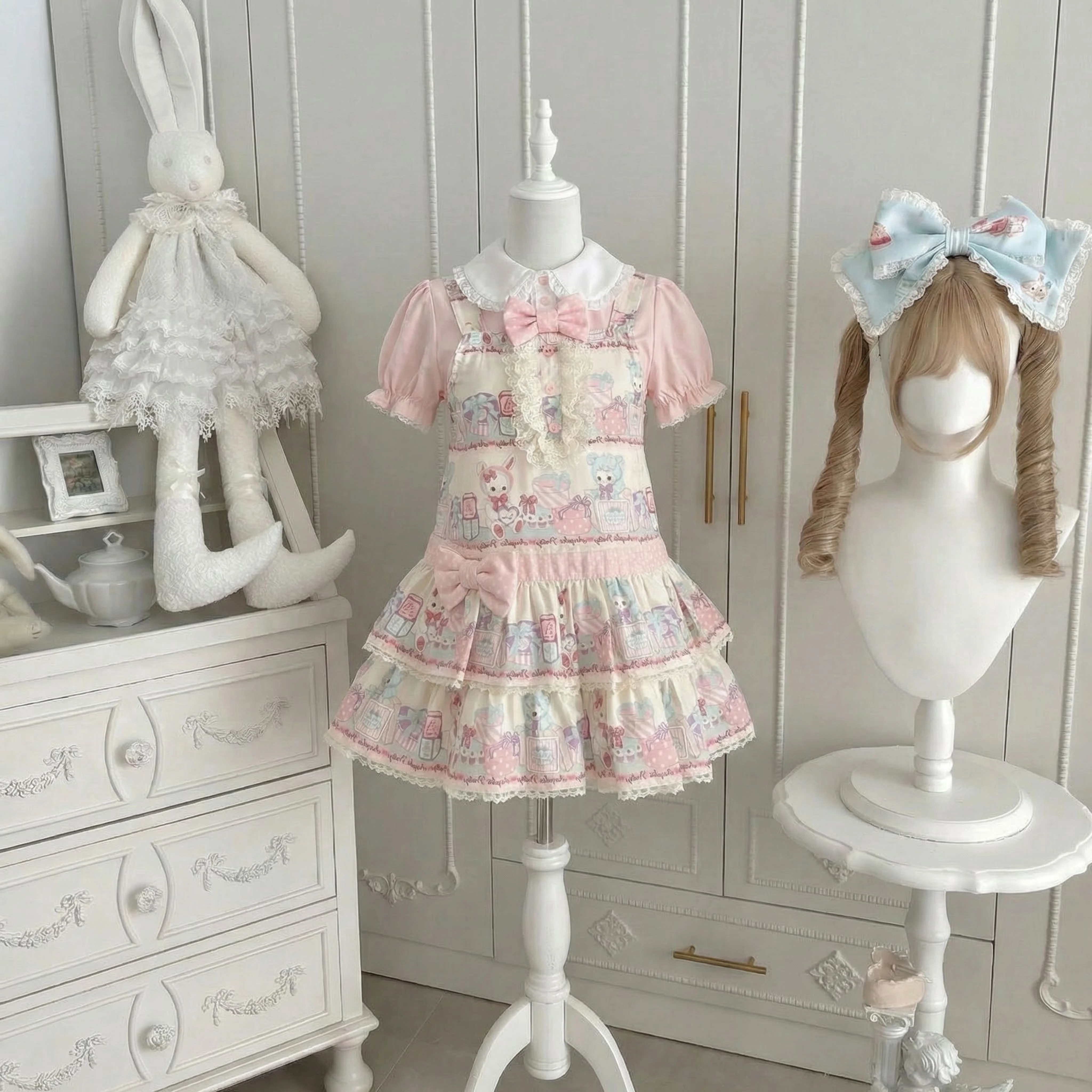 فستان لوليتا كاواي بطباعة كرتونية للنساء، فستان قصير بتصميم Y2k مع تطريز دانتيل، فستان ياباني لطيف بفيونكة وأكمام منتفخة