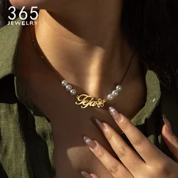 365 Customized Name Fashion Necklaces Pearl Chain Stainless Steel Personalized Nameplate Elegant Women Charming Choker Jewelry