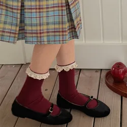 Lolita Lace Ruffle Socks Women Harajuku Vintage Knitted Cotton Elastic Long Socks JK Sweer Girls Retro Red Middle Tube Socks Sox