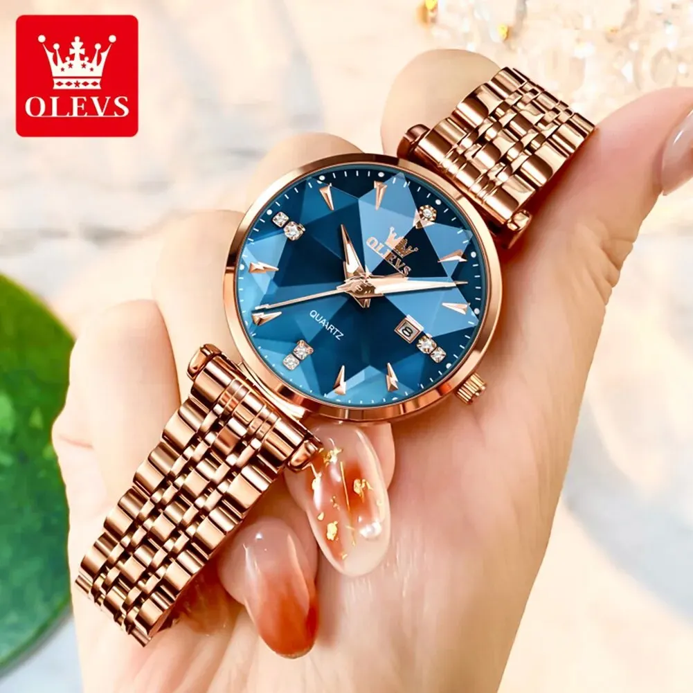 OLEVS 5536 Quartz Watch for Women Fashion Luxury Rhombus Mirror Rose Gold Stainless Steel Waterproof Luminous Ladies Wristwatch