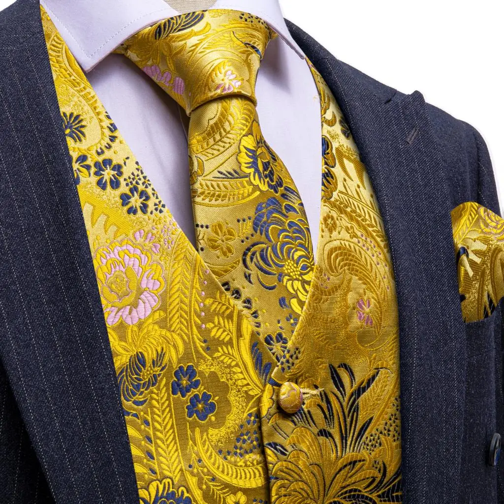 

Luxury Vintage Vest Man Silk Yellow Blue Embroidered Floral Waistcoat Tie Set Wedding Dress Suits Formal Gilet Barry Wang