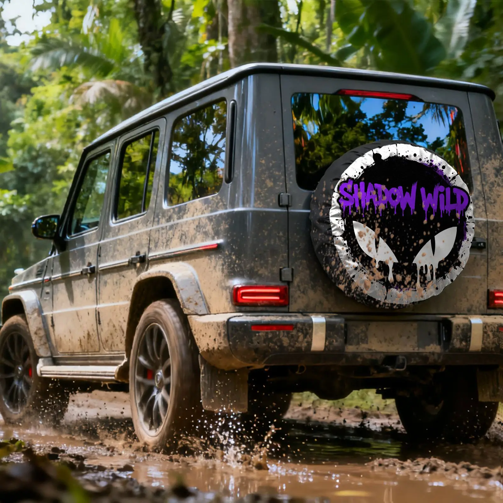 Tire Cover SHADOW WILD Graffiti Style Tire Protector In Purple And Black With Splatter Pattern And Cartoon Eyes Design, Made Of