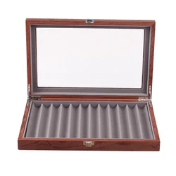 Wood Pen Display Box 12 Pen Organizer Box, Glass Pen Display Case Storage with Lid, Top Glass Window Pen Collection Display Case
