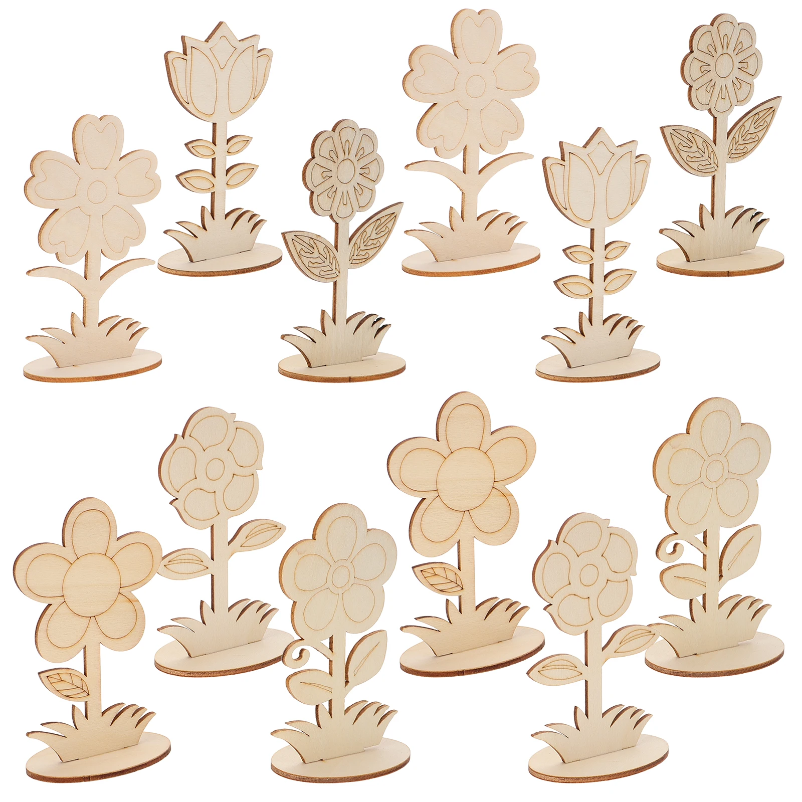 

12 Pcs DIY Wooden Flowers Unpainted Ornaments for Crafts Decorations Parent-child Activities Home Office Party Use