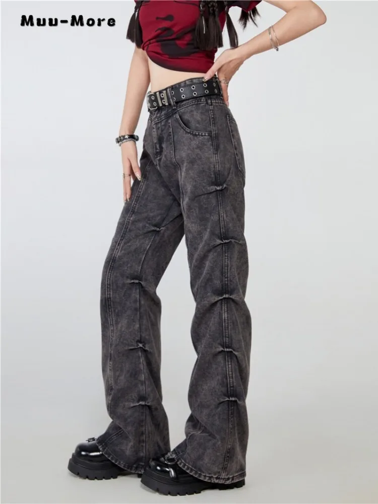 

American Vintage High Waist Folds Jeans Women's Casual 2000s Grunge High Street Pants Baggy Y2K Wide Leg Washed Denim Trouser