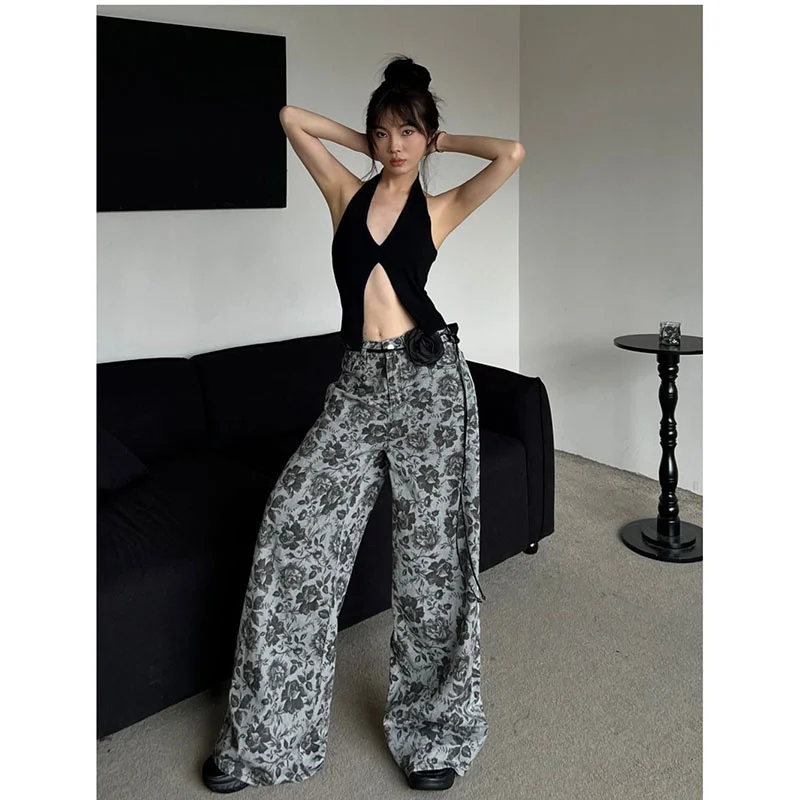 Retro weit geschnittene schwarze Rose Design Jeans Damen neuen Streets tyle Sommer lose vielseitige lässige bequeme Hosen Wisch boden