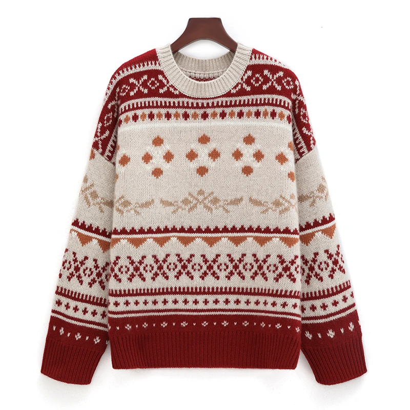 100% pure cashmere sweater Red European high-end super good-looking lazy loose thick Fair Isle cashmere sweater