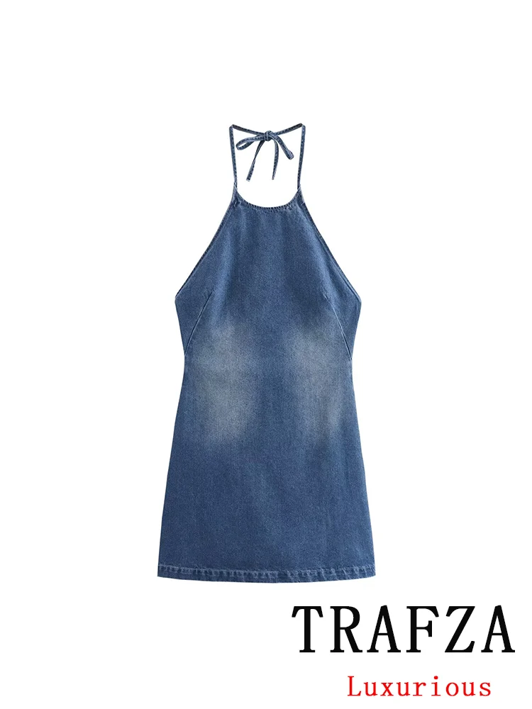 

TRAFZA Sexy Chic Denim Women Dress Halter Lace-up Backless Straight Mini Dress New Fashion 2024 Autumn Female Dress