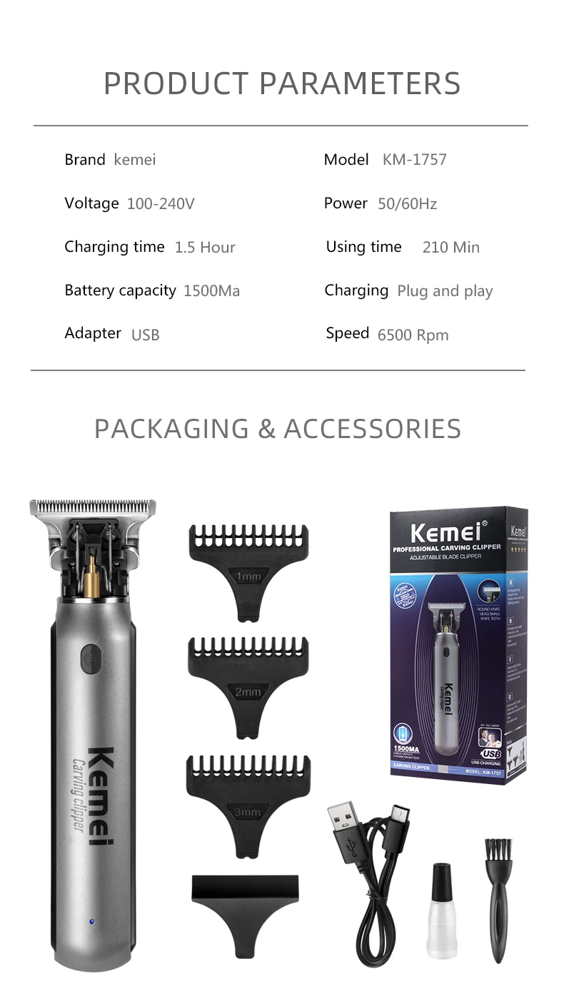 Kemei Mini-Haarschneider, Barttrimmer für Herren, Zero-Gap-T-Klinge, Haarschneidemaschine, kabelloser professioneller Haarschneider KM-1757 – Detail 3