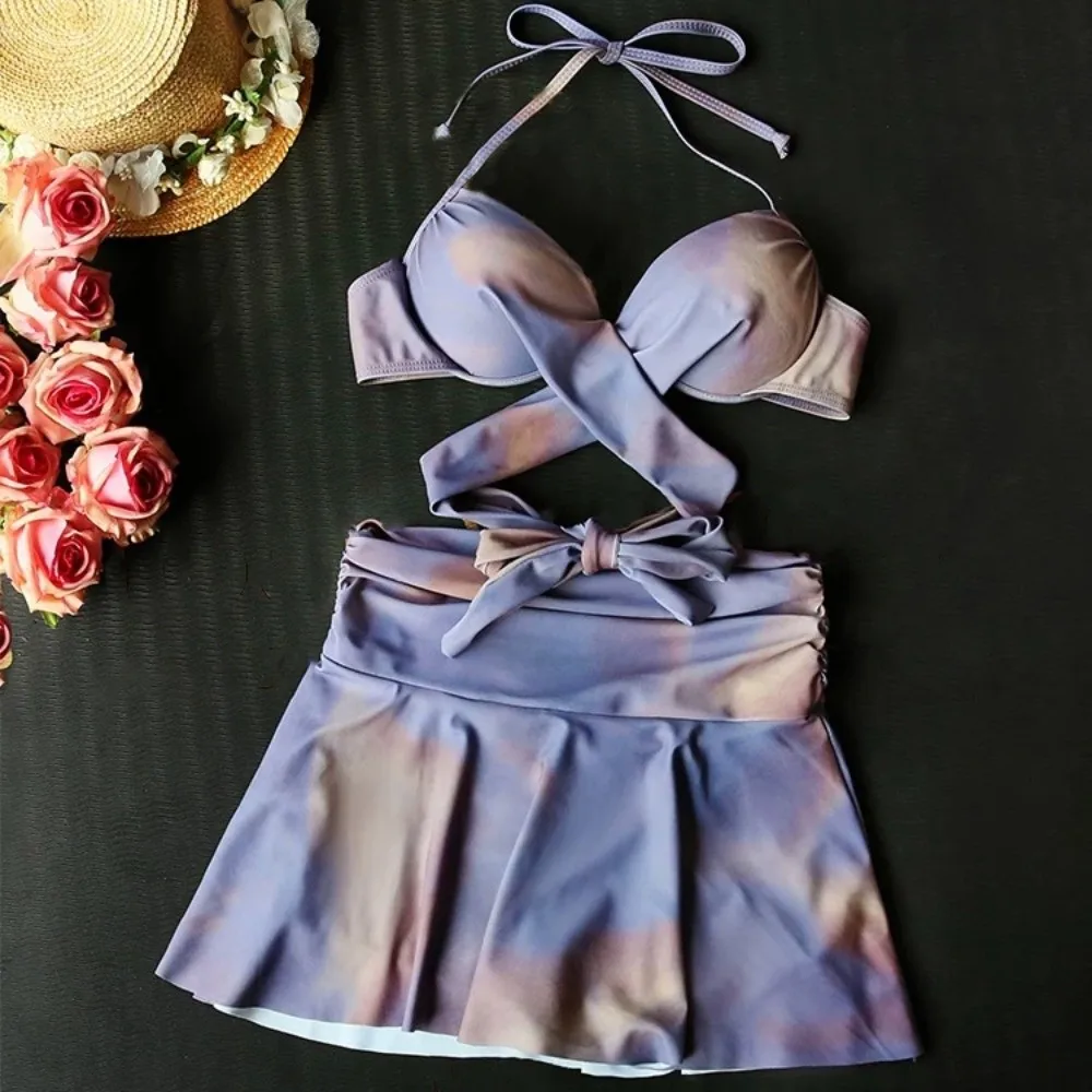 Ins Tie-dye 3 in 1 Swimwear Set Purple Sun Protection Long Sleeve Swimsuit Beachwear camisole Bikini Bathing Suit Beach