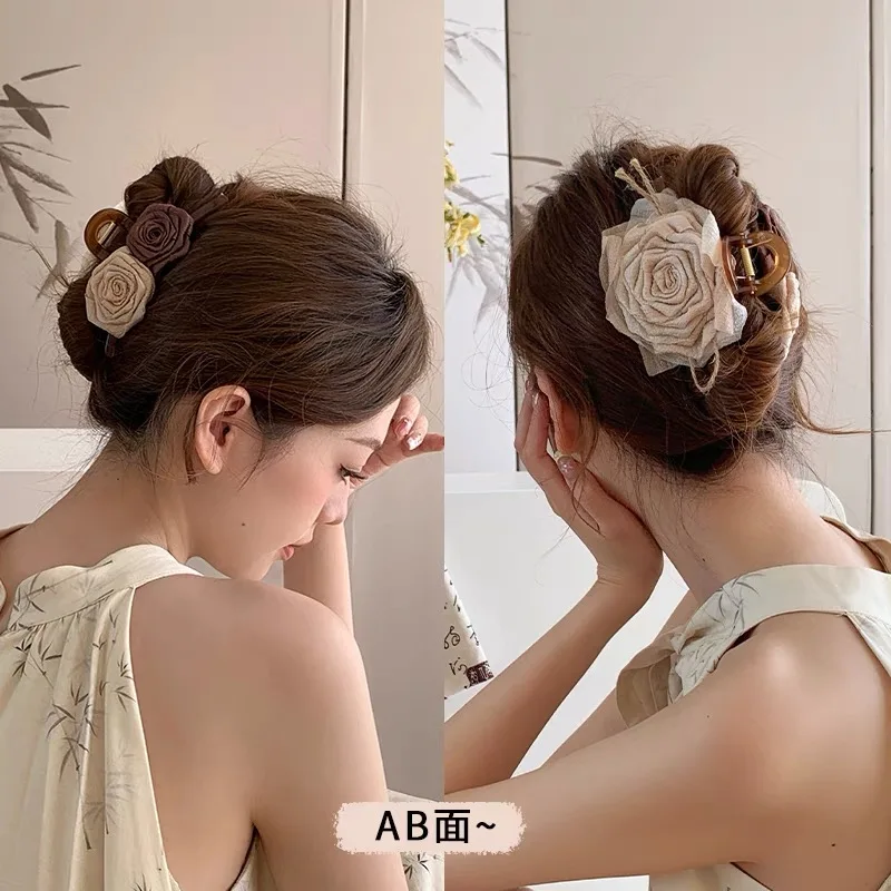 AWAYTR Linen Flowers Hair Claws Farbic Ponytail Hair Clips Crab For Women Girl Gift Hair Accessories Valentine Headwear