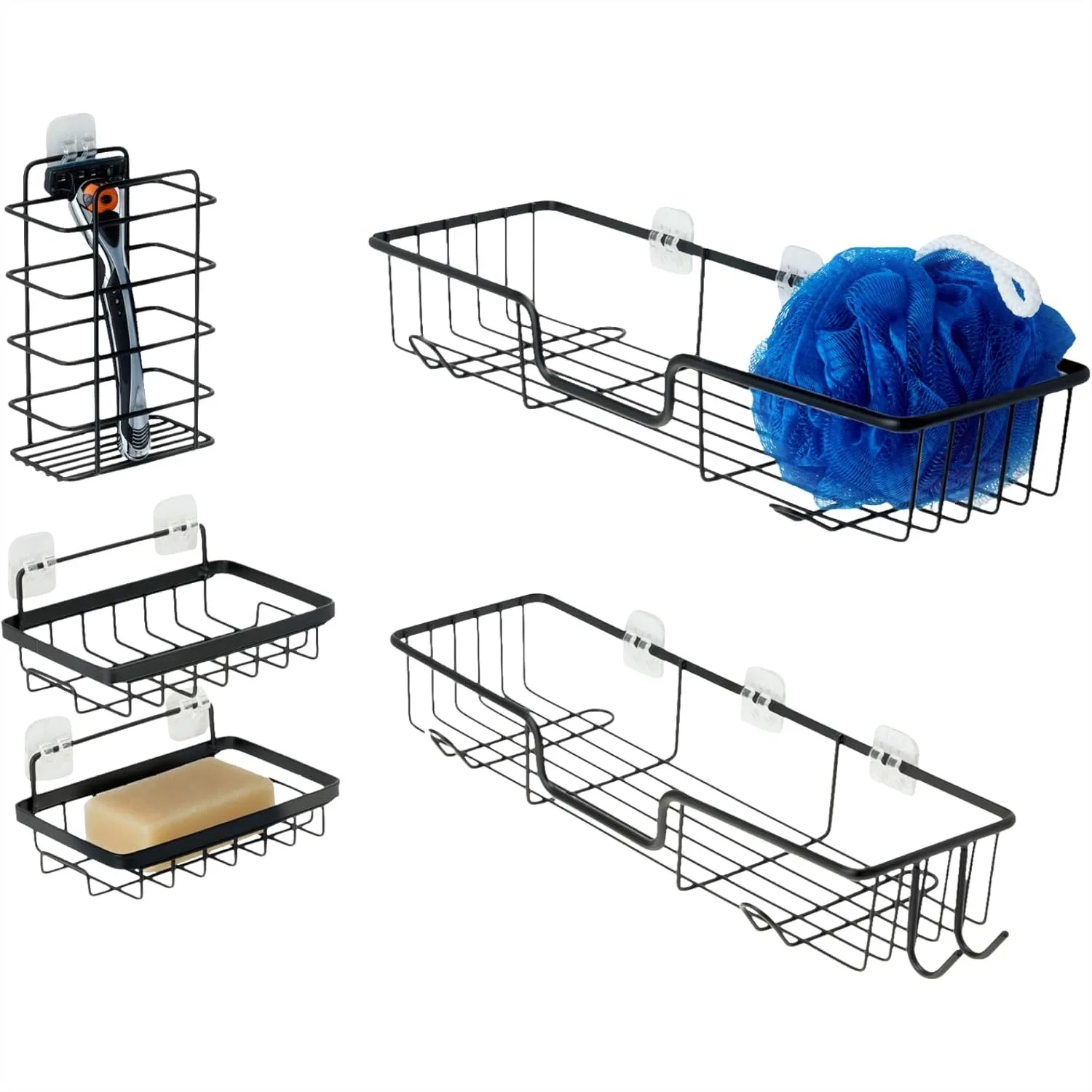 

5-Piece Stainless Steel Shower Caddy Set with Adhesive Mount, Soap & Brush Holders, Black