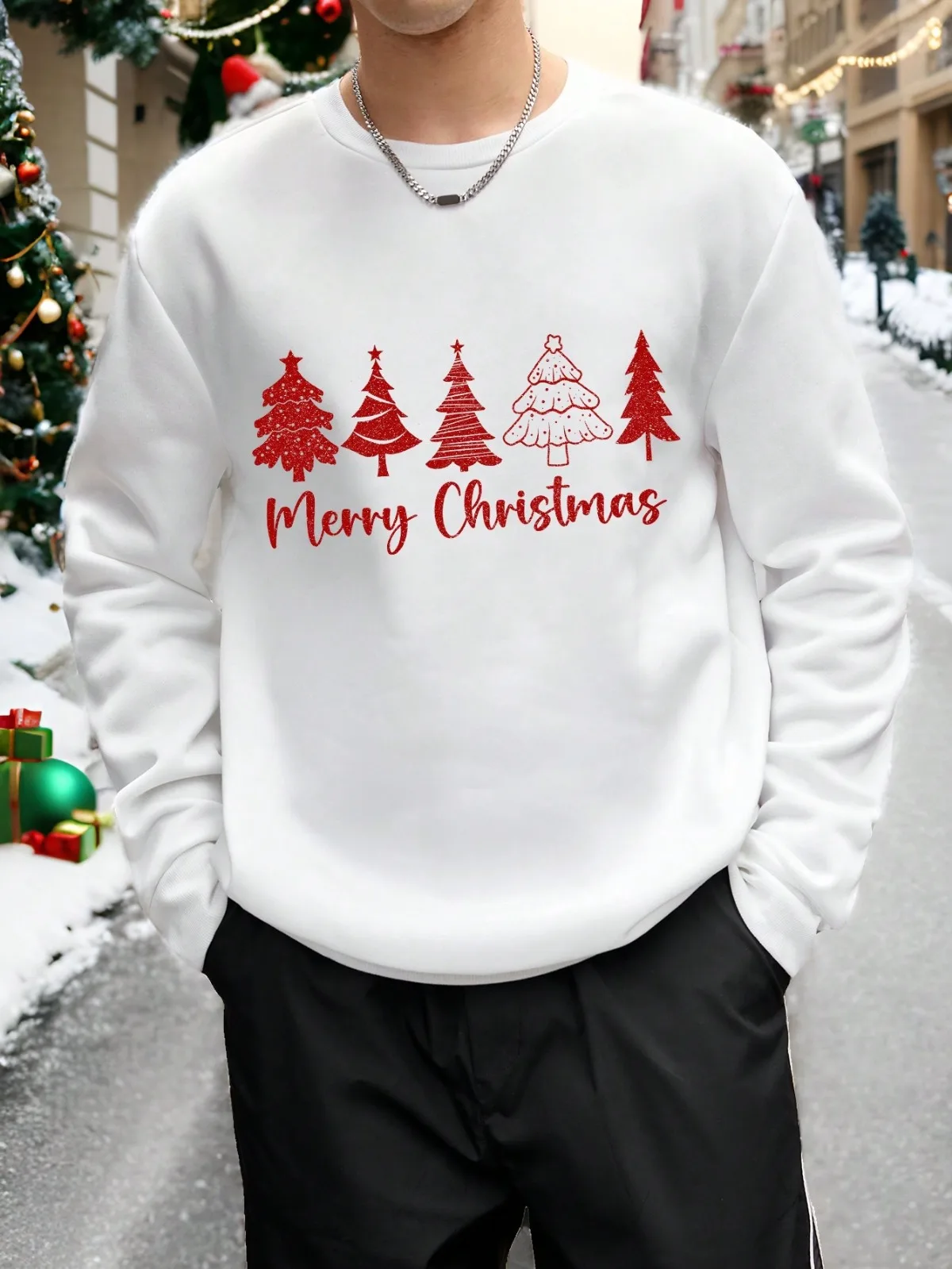 ملابس رجالية عصرية كاجوال لعيد الميلاد على شكل غزال مطبوعة فضفاضة بكتف منسدل ورقبة دائرية بلوفر من الصوف #4