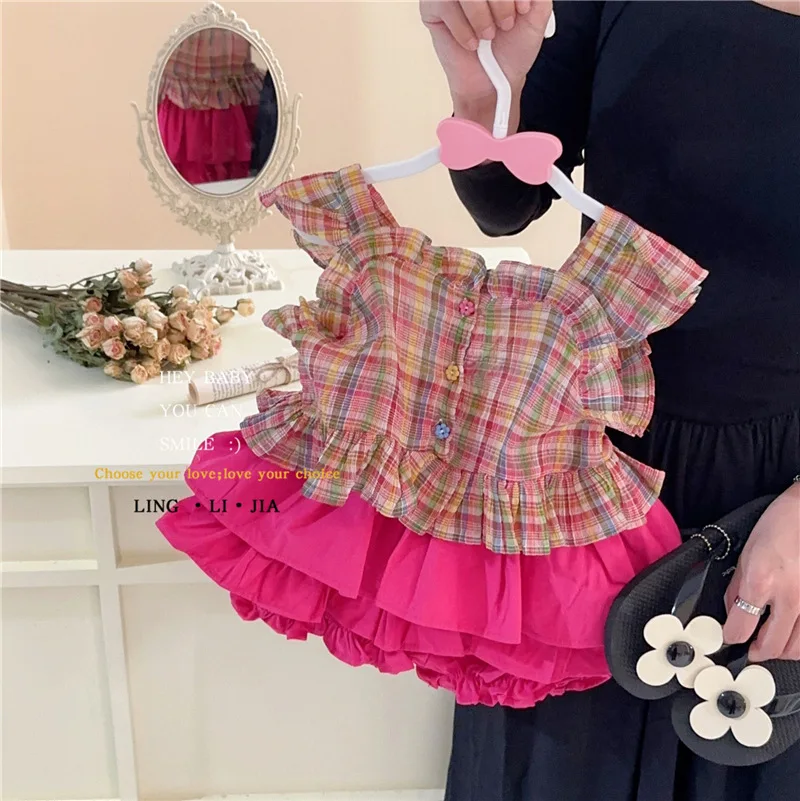 

Girl Clothes Suit 2023 Korean Style Summer Small Flying Sleeve Halter Doll Shirt Top Children Girls Horn Shorts 2-piece Set