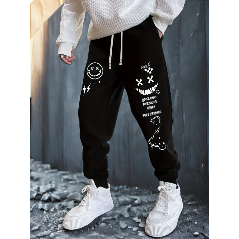 Autumn New Men'S Creative Smiley Face Personalized Letter Pattern Printed Casual Jogger Sweatpants With Drawstring Waist