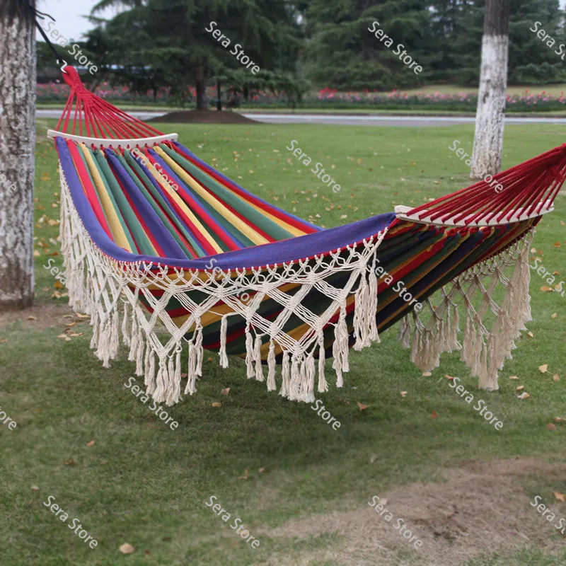 Canvas Double Hammock with Tassel Outdoor Camping Swing Anti Roll Hanging Chair Portable Thick Fabric Hammock for Garden Patio