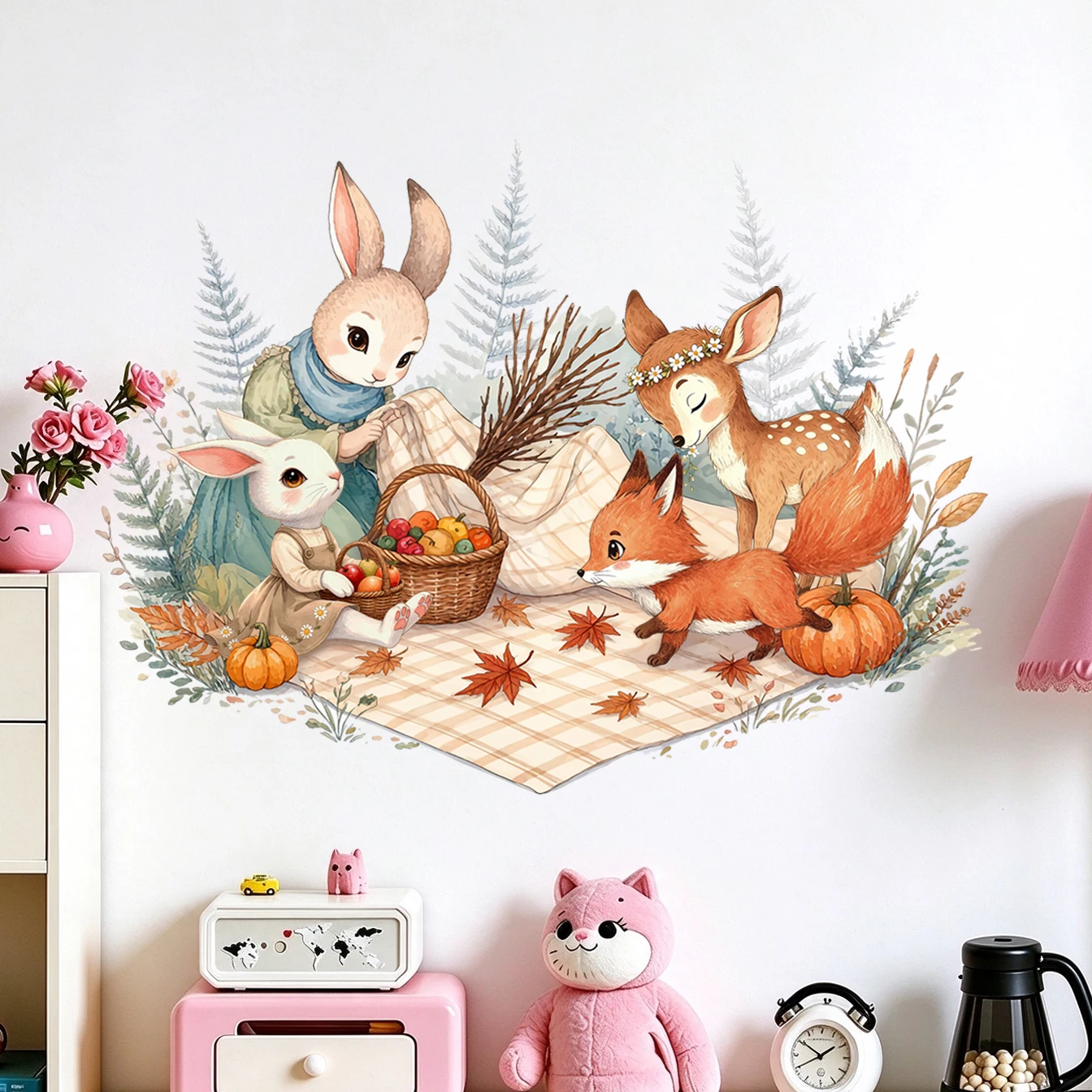 Watercolor Woodland Animals Picnic Wall Stickers, Bunny Deer Fox Autumn Pumpkin Maple Leaf Removable Wall Decals for Nursery Kid