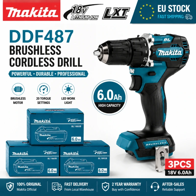 Original Makita 18V Akku-Bohrschrauber DDF487 Bürstenloser Hochleistungs-Bohrschrauber + 6,0Ah BL1860B BL1840 Lithium-Akku Professionelles Elektrowerkzeug-Set EU-Lagerbestand