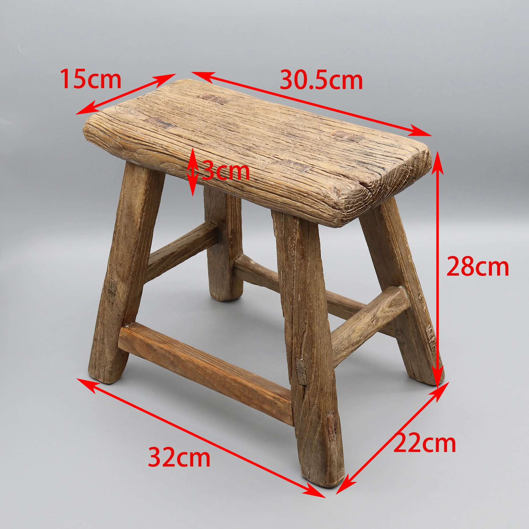 Mortise and tenon jointed wooden stool, old, Solid elm wood, Chinese antique