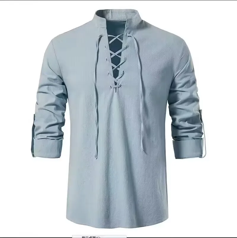 Cotton Linen Henry Shirt Men's Summer Holiday Beach Long Sleeve Loose Solid Stand Collar Shirt Hippie Casual Shirt Blouse Tops