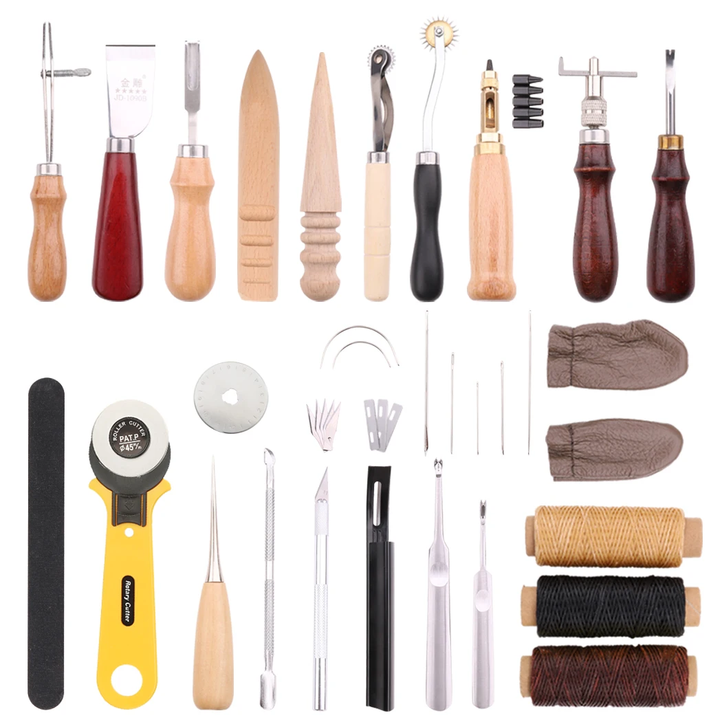 30PCS Leather Craft Tool Hand Leathercraft Stitching Working Tools Kit with Groover Awl Creaser for DIY Leather Projects