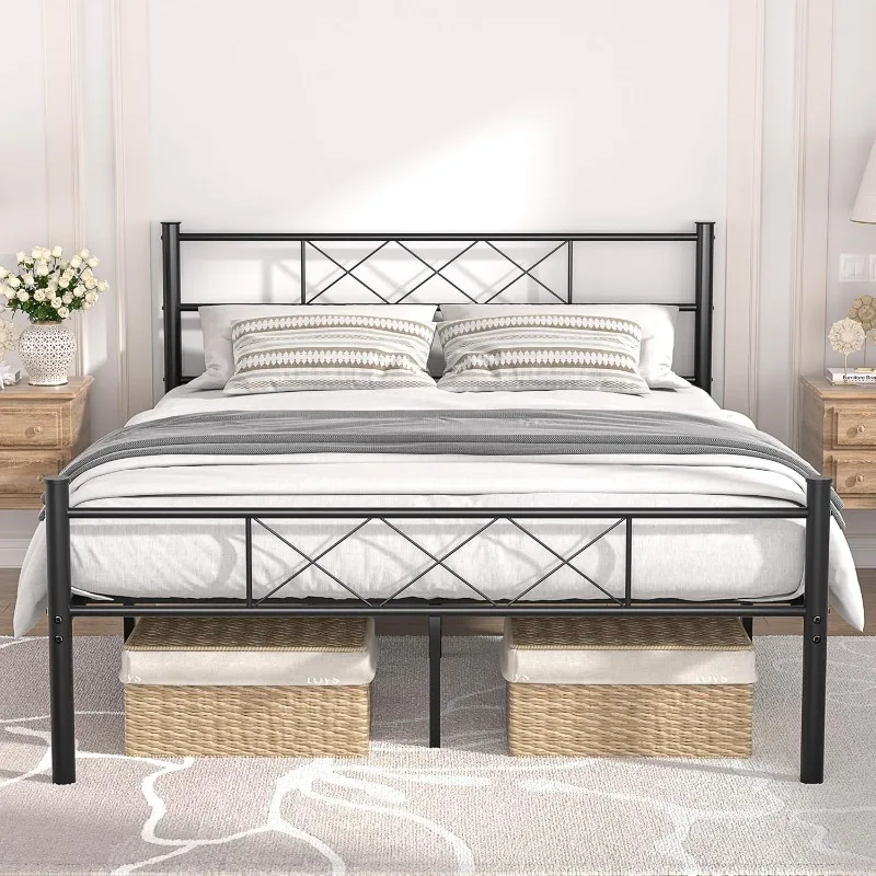 

Full Size Platform Bed Frame with Headboard,Mattress Foundation with Metal Slats Support,No Box Spring Needed, Matte Black