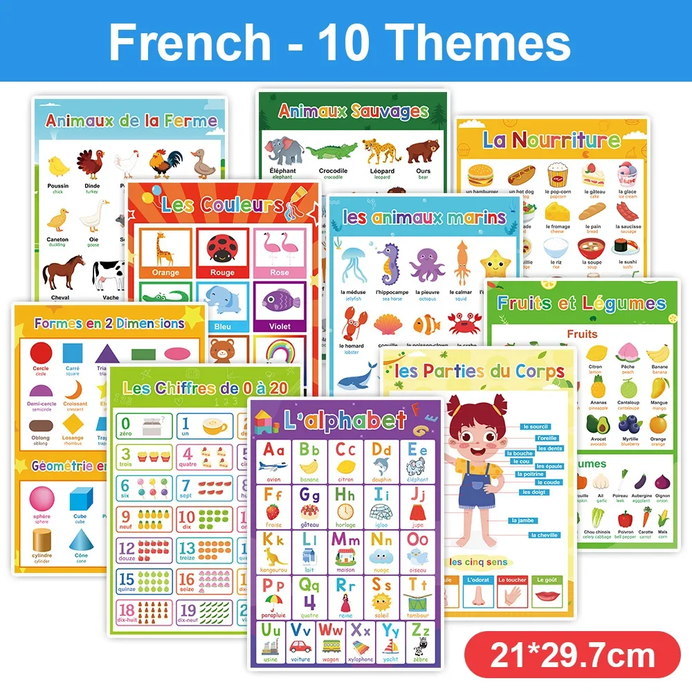 10Pcs French Spanish English Bilingual Words Learning A4 Posters Charts for Toddlers Kids Kindergarten Classroom Decoration