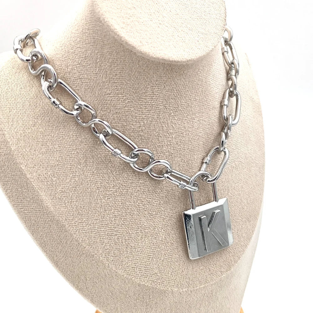 1pcs Fashion Bright Silver Colour Punk Exaggerated Thick Chain 26 Letter Lock Necklace Bracelet For Women Man Party Jewelry