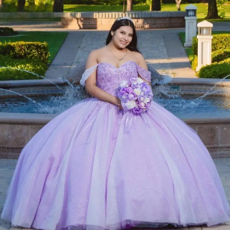 Customized Lilac Quinceanera Dress Ball Gown Shiny Lace Applique Beaded Mexico Corset Sweet 16 Vestidos De 15 Años