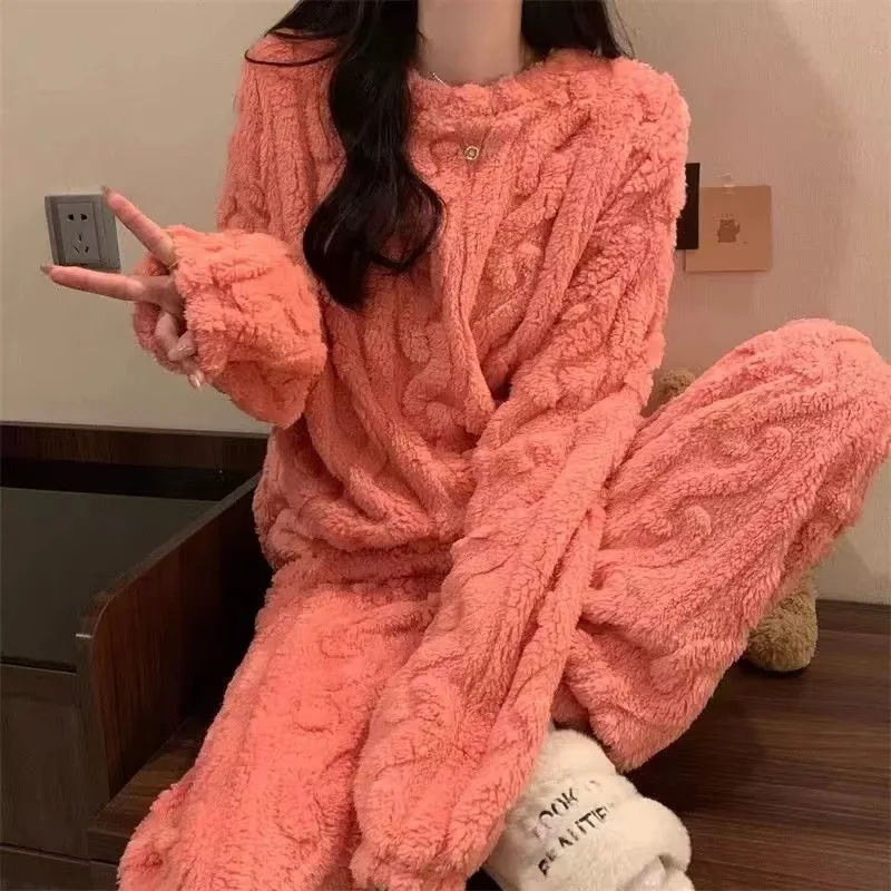 Autumn and Winter Women\'s Coral Fleece Warm Pajamas Homewear Suit Couple Padded and Thickened Homewear Loose Warm Homewear Suit