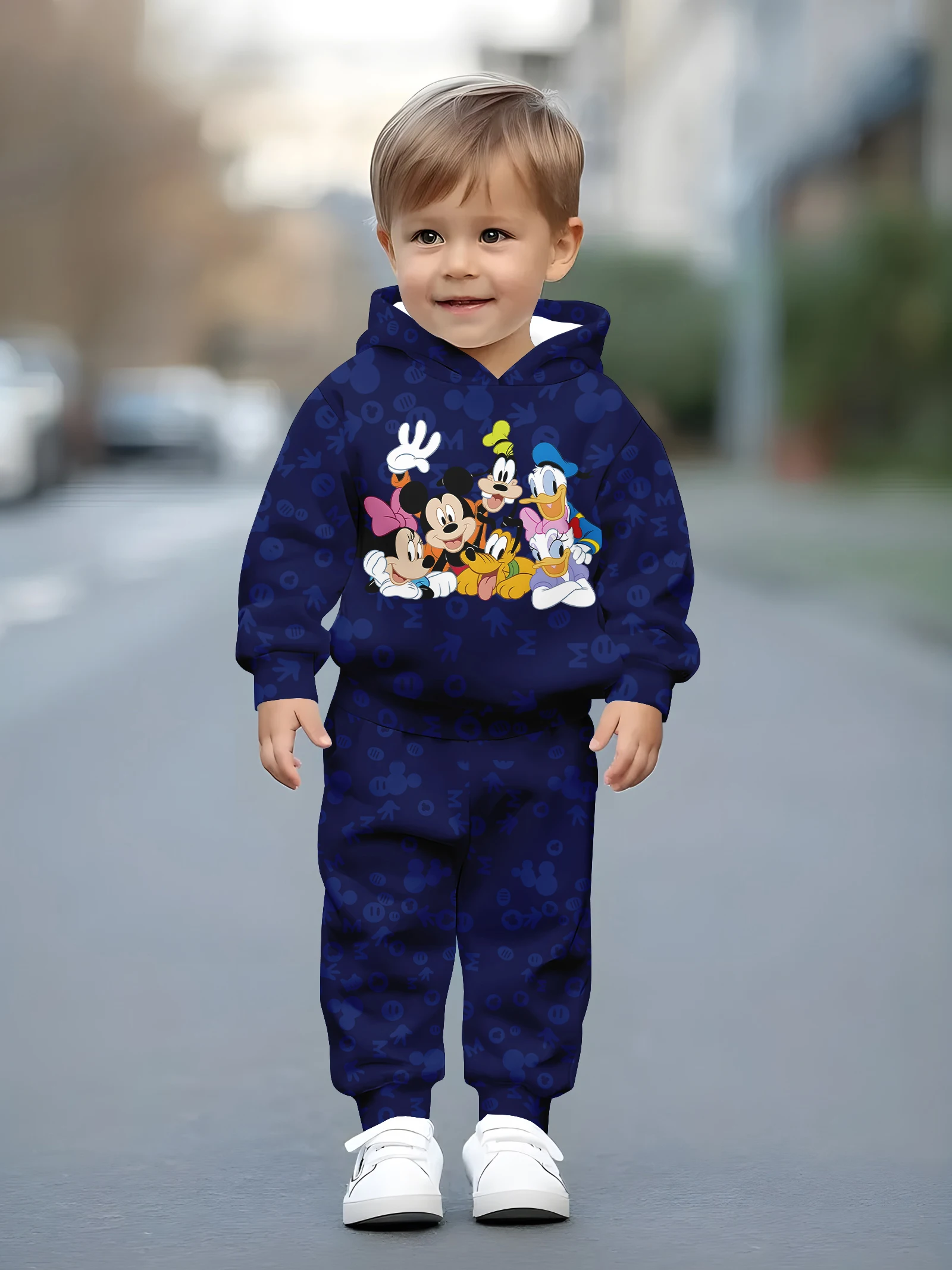 طقم بقلنسوة من العلامة التجارية العصرية + ميكي، طقم سويت شيرت وسراويل رياضية للأطفال مكون من قطعتين، نمط كرتوني لملابس الربيع والخريف