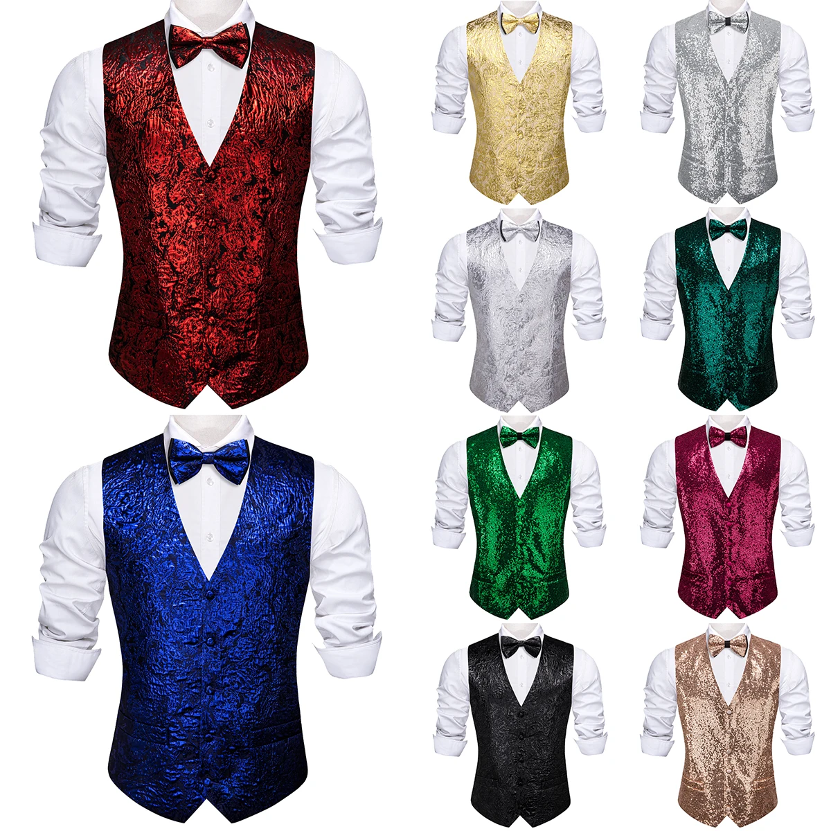 

Designer Vest for Men Silk Shine Red Blue Silver Gold Green Khaki Solid Plain Waistcoat Bowtie Set Party Formal Barry Wang