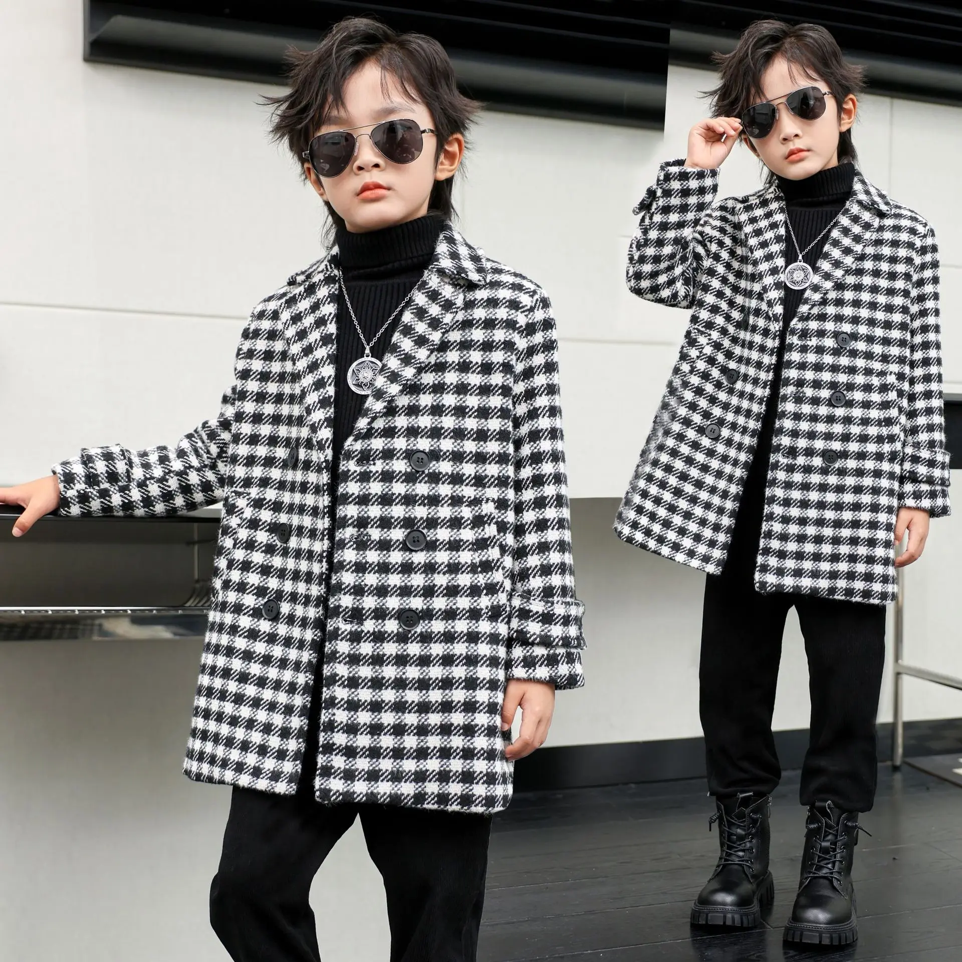 

Children Winter Houndstooth Wool Coat Boys Windproof Outdoor Long Jacket Kids Fromal Birthday Party Photography Woolen Snow Coat